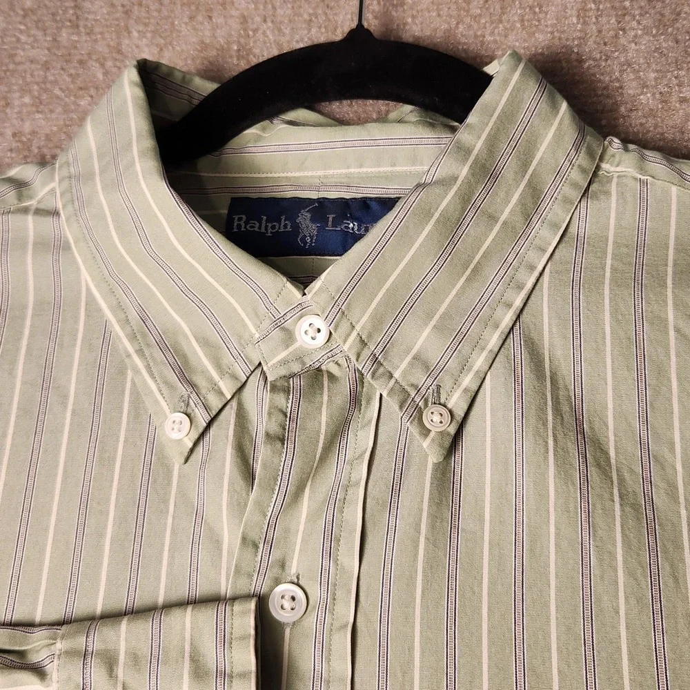 Ralph Lauren Button Down Shirt Mens L‎ Green Striped Long Sleeve Excellent Pony